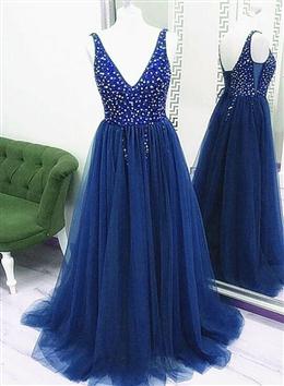 Picture of Sparkle Beaded Tulle V-neckline Floor Length Party Dresses, Blue Junior Prom Dress Formal Dress